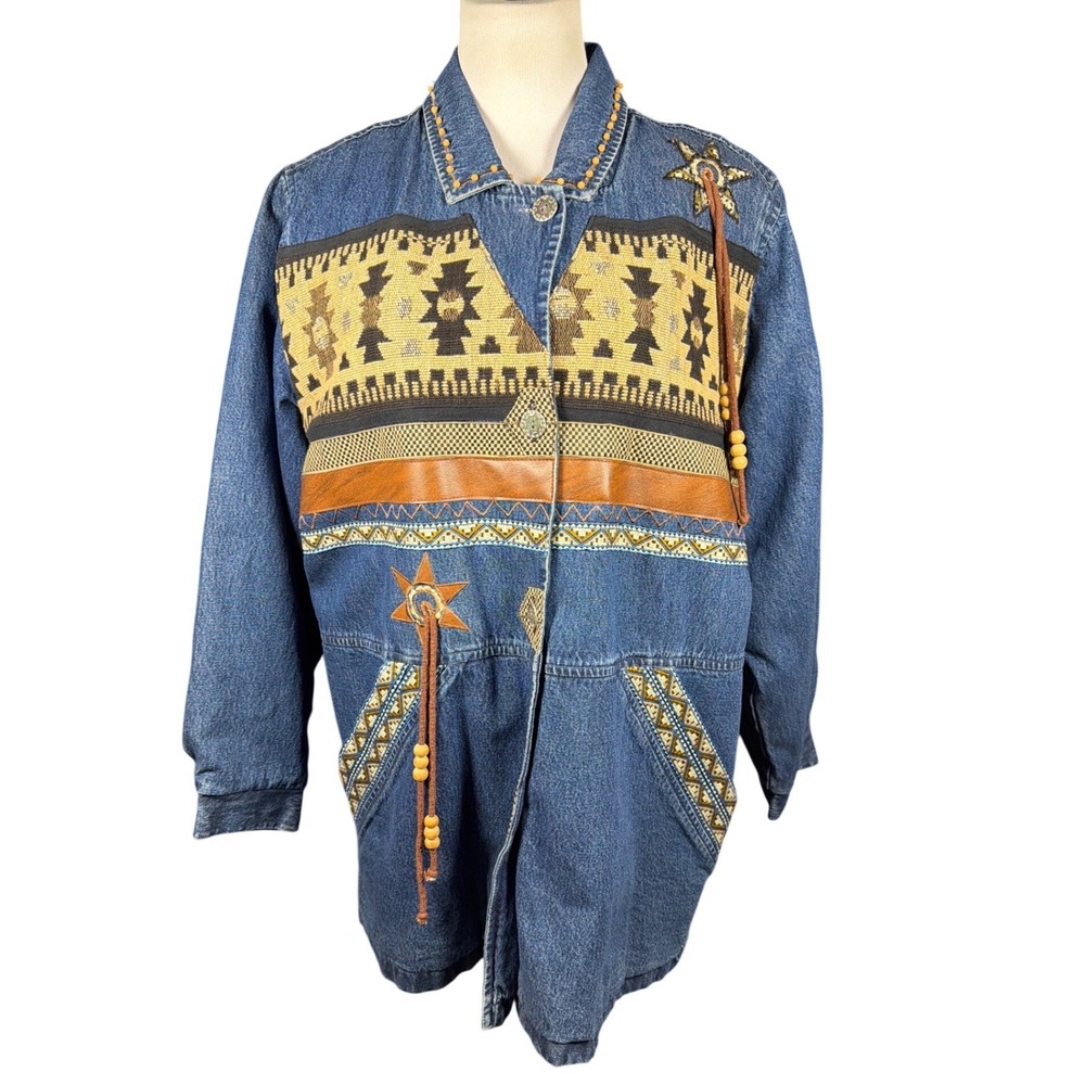 Vintage Southwestern Denim 220 Hickory Jacket Tapestry Beaded Tassels Large Blue